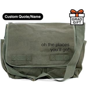 Personalized Olive Green Canvas Messenger Bag Gift for Graduation