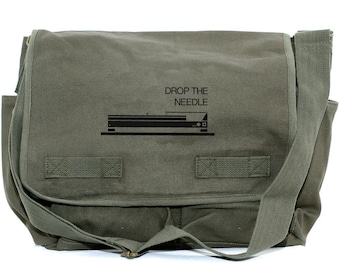 DJ Gifts Messenger Bag, Musician Gift, Drop the Needle, Crossbody Canvas Bag, Men's Laptop Messenger Bag, Large Travel Bag, Mens Gift