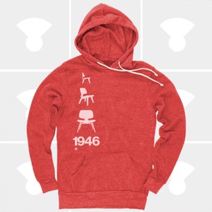 May include: Red heather hoodie with a white silhouette of four chairs and the text "1946" printed on the front.