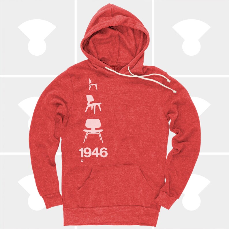 May include: Red heather hoodie with a white silhouette of four chairs and the text "1946" printed on the front.