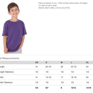 May include: A purple short-sleeve t-shirt made of 100% combed cotton jersey. The image shows a child wearing the shirt. The shirt has a 1x1 baby rib set-in collar. Sizes XS (4/5) to XL (14/16) are available. Finished measurements are provided.