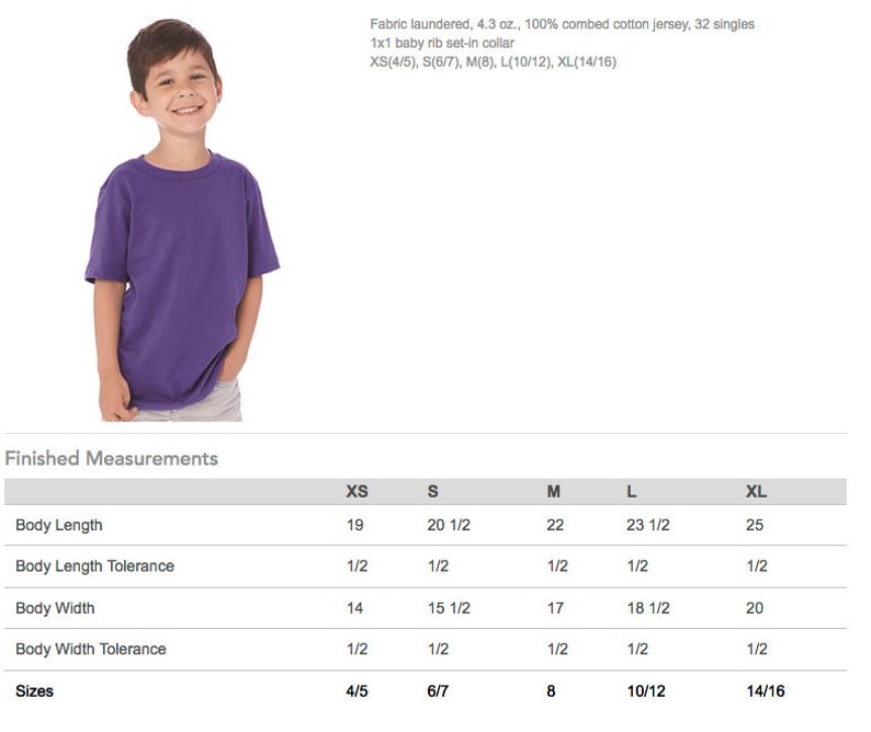 May include: A purple short-sleeve t-shirt made of 100% combed cotton jersey. The image shows a child wearing the shirt. The shirt has a 1x1 baby rib set-in collar. Sizes XS (4/5) to XL (14/16) are available. Finished measurements are provided.