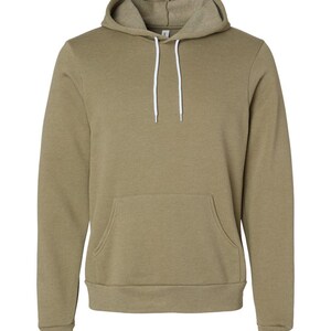 May include: A solid olive green hoodie with a drawstring hood and a kangaroo pocket. The sweatshirt has long sleeves and ribbed cuffs and hem. The drawstring is white.