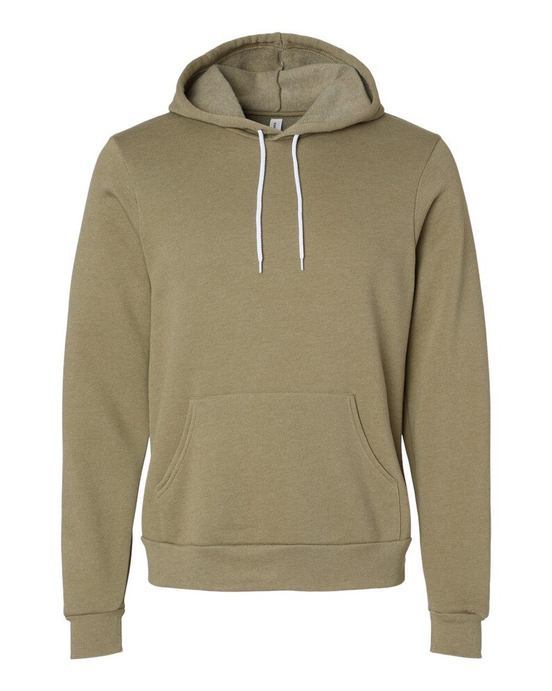 May include: A solid olive green hoodie with a drawstring hood and a kangaroo pocket. The sweatshirt has long sleeves and ribbed cuffs and hem. The drawstring is white.
