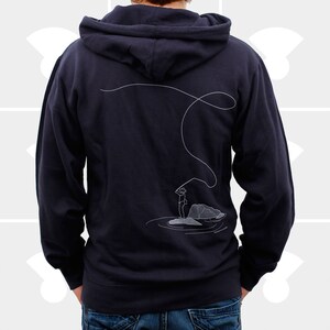 Men Hoodie Fly Fishing Zip-Up Navy Blue Hoodie Available Sizes: Small, Medium or XX-Large image 1