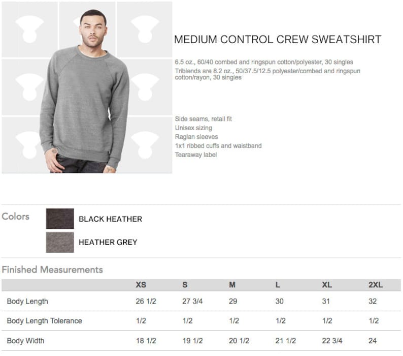 Op de afbeelding: Een grijs gem&ecirc;leerd crewneck sweatshirt met raglanmouwen en geribbelde boorden. Het sweatshirt is gemaakt van een mix van katoen en polyester. De maattabel toont de afmetingen in inches voor XS, S, M, L, XL en 2XL.