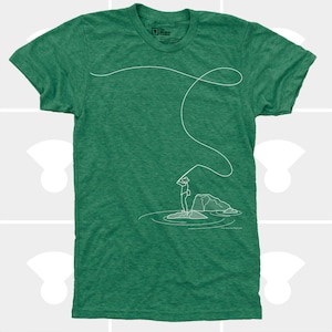 Fly Fishing Shirt, Fly Fishing Gifts, Fly Fishing T-Shirt, Fishing T-Shirt, Men's Fishing TShirt Original Design & Always Hand Printed Green Heather