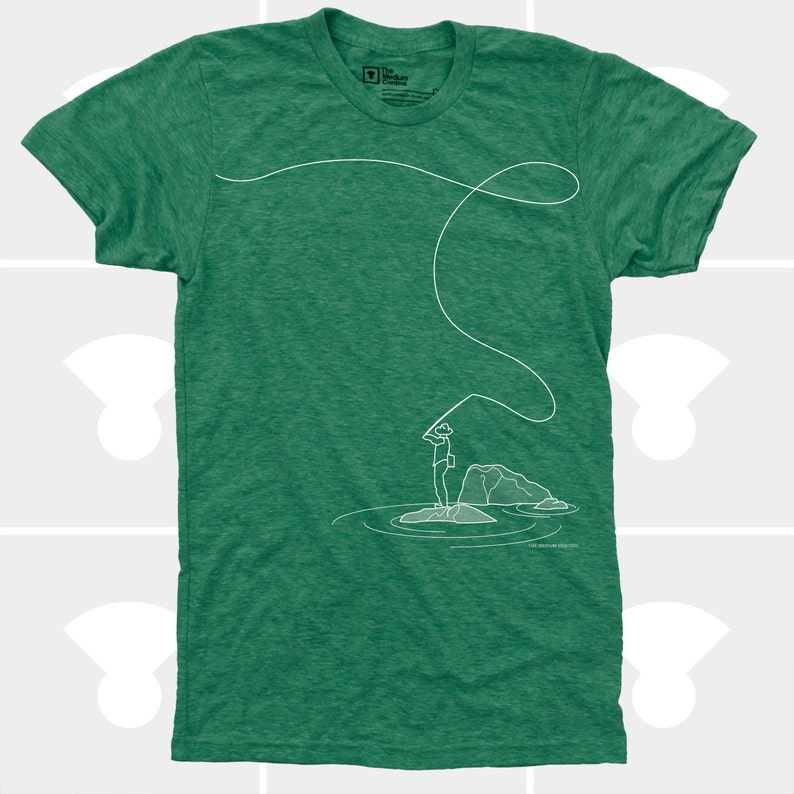 Fly Fishing Shirt, Fly Fishing Gifts, Fly Fishing T-Shirt, Fishing T-Shirt, Men's Fishing TShirt Original Design & Always Hand Printed Green Heather