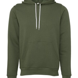 May include: A green hooded sweatshirt with a front pocket and white drawstrings.