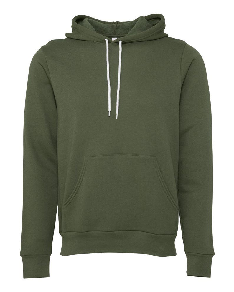 May include: A green hooded sweatshirt with a front pocket and white drawstrings.