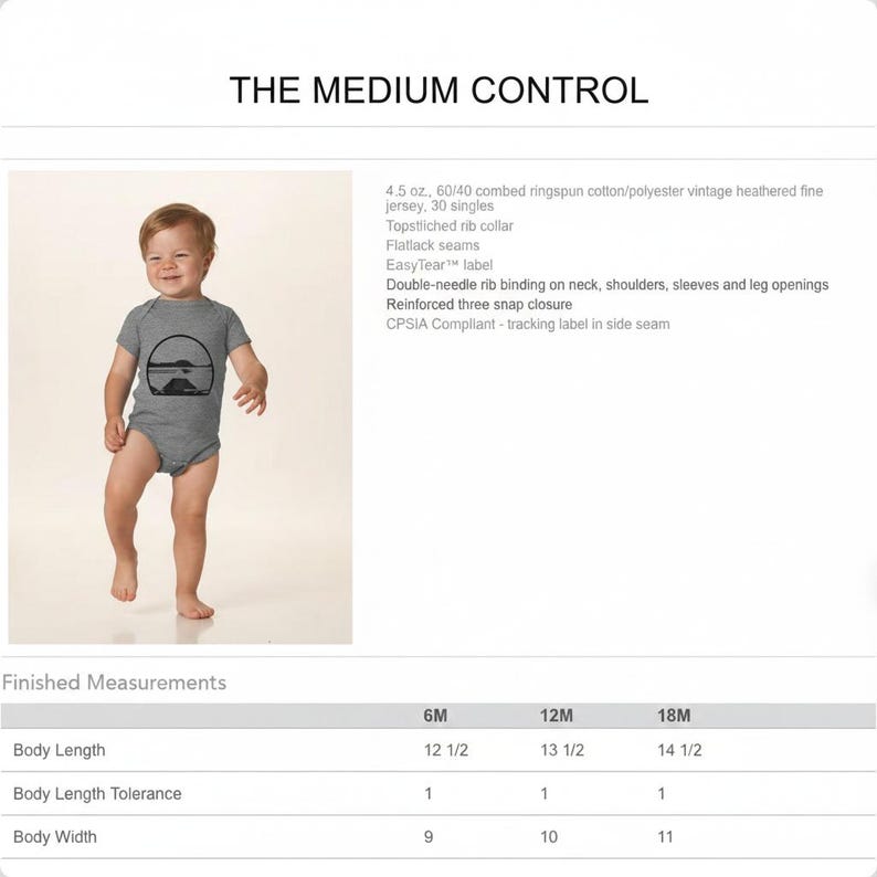 May include: A gray baby bodysuit with a black graphic of a landscape scene. The bodysuit has short sleeves and a round neckline. The text "THE MEDIUM CONTROL" is at the top of the image. The bodysuit is available in sizes 6M, 12M, and 18M.