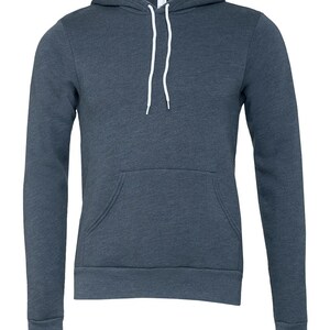 May include: A dark heather gray hoodie with a drawstring hood and a kangaroo pocket. The long-sleeved sweatshirt has white drawstrings and ribbed cuffs and hem. The fabric has a soft, textured appearance.