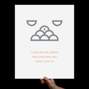 Art Print Clouds & Animals, Screenprint, Print, Poster, Nursery Art, Inspirational, Minimalist, Kids Room, Typography Print, Orange, Grey
