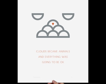 Art Print Clouds & Animals, Screenprint, Print, Poster, Nursery Art, Inspirational, Minimalist, Kids Room, Typography Print, Orange, Grey