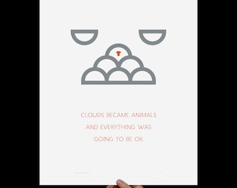 Art Print Clouds & Animals, Screenprint, Print, Poster, Nursery Art, Inspirational, Minimalist, Kids Room, Typography Print, Orange, Grey