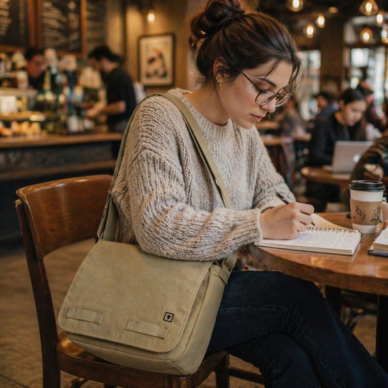 Woman in a cozy cafe wearing a khaki canvas messenger bag while writing in a notebook.