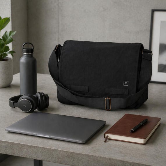 Black Canvas Laptop Bag 17 Inch | Sleek Tech Messenger