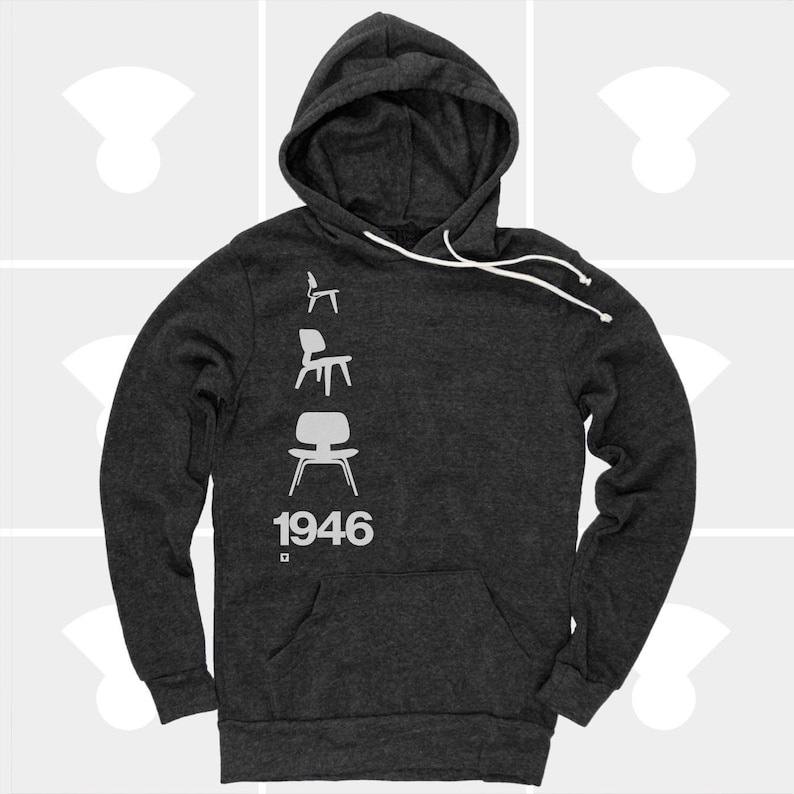 May include: A dark gray hooded sweatshirt with a white silhouette of four chairs stacked on top of each other. The number "1946" is printed below the chairs.