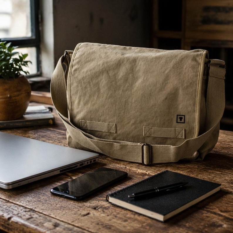 Professional workspace featuring a 17-inch laptop, smartphone, and a khaki heavyweight canvas messenger bag with brass hardware.