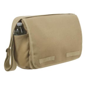 May include: A tan messenger bag with a flap closure and a side pocket holding a water bottle. The bag has a shoulder strap and two Velcro closures on the front. The bag is made of a durable canvas material.