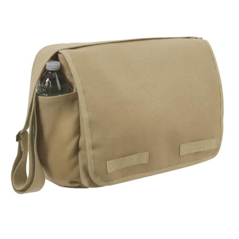 May include: A tan messenger bag with a flap closure and a side pocket holding a water bottle. The bag has a shoulder strap and two Velcro closures on the front. The bag is made of a durable canvas material.