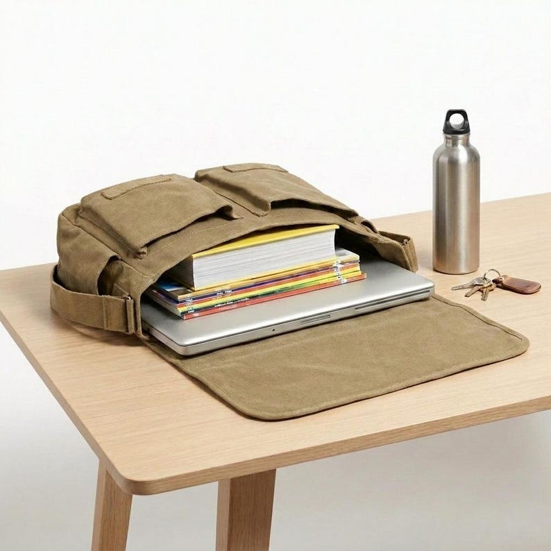 May include: A tan canvas messenger bag with multiple pockets, open to reveal a laptop and several books. A stainless steel water bottle and a set of keys are next to the bag on a light wood table.
