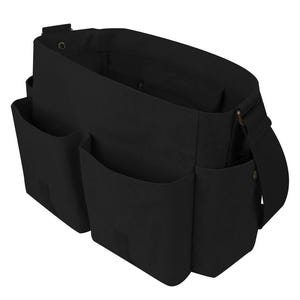 May include: A black messenger bag with multiple external pockets and a long, adjustable shoulder strap. The bag is made of a durable fabric and features a spacious interior with a zipped pocket. The bag is designed for carrying various items.