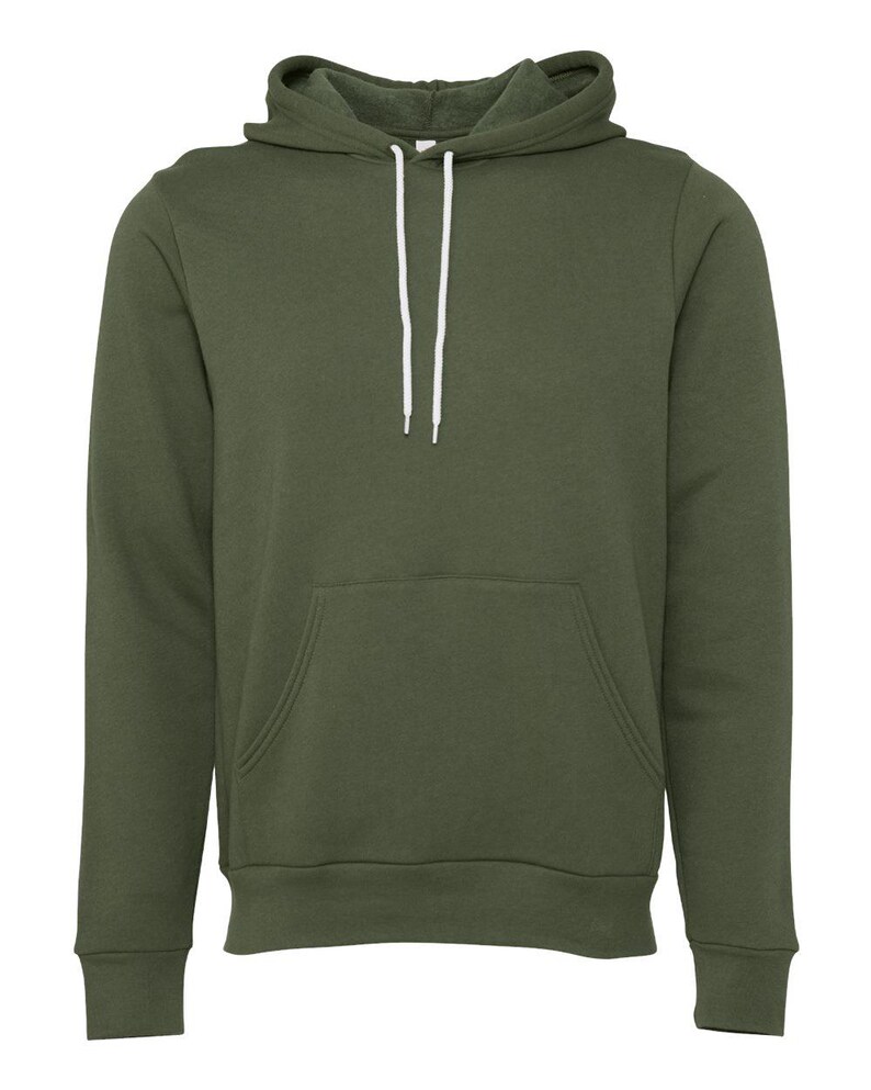 May include: An olive green hoodie with a front pocket and a hood with white drawstrings. The long-sleeved sweatshirt is made of a soft material.