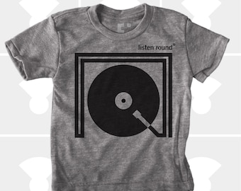 Turntable Record Player Shirt Listen Round, Boys Girls Clothing, Baby Toddler Youth Graphic Tee, Music Gift, DJ, Rock n Roll TShirt, Hipster