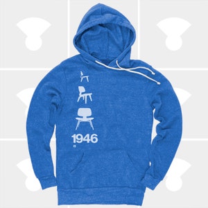 May include: A blue hooded sweatshirt with a white graphic of four chairs and the year 1946.