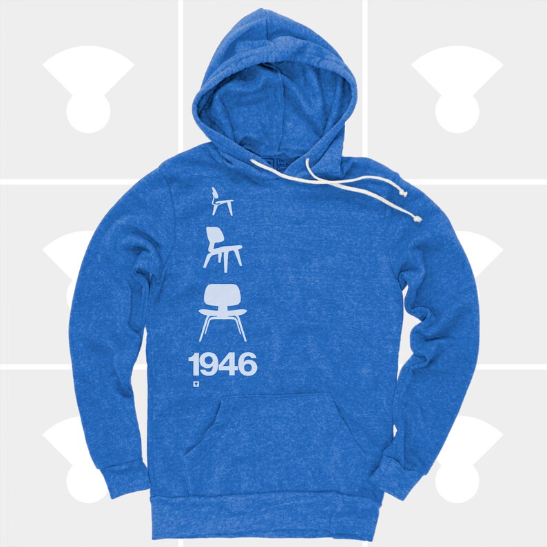 May include: A blue hooded sweatshirt with a white graphic of four chairs and the year 1946.