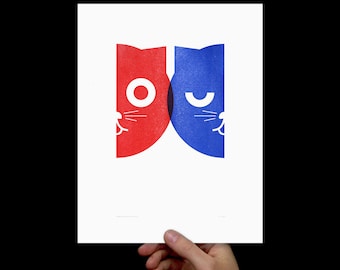 Art Print Dueling Watson the Cat, Letterpress, Print, Poster, Cat Art, Nursery Art, Crazy Cat Lady, Kid Room, Wall Art, Pop Art, Blue, Red