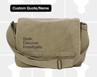 Seek. Discover. Investigate Khaki Canvas Messenger Bag