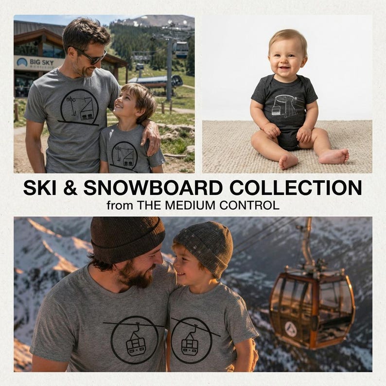 May include: A collection of grey t-shirts and a black baby bodysuit featuring a black line art graphic of a ski lift inside a circle. The text reads SKI & SNOWBOARD COLLECTION from THE MEDIUM CONTROL. The garments are displayed on people.
