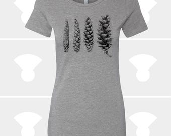Women's Pine Cone Stages Tee | Botanical Diagram Shirt |  Nature Science Gift | Hand Printed Soft Crewneck
