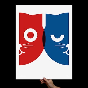 Dueling Watson the Cat, Art Print, Screenprint, Cat Art, Print, Poster, Nursery Art, Pop Art, Wall Art, Kids Room, Living Room, Red & Blue image 1