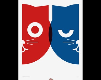 Dueling Watson the Cat, Art Print, Screenprint, Cat Art, Print, Poster, Nursery Art, Pop Art, Wall Art, Kids Room, Living Room, Red & Blue