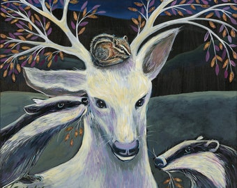 Archival 8x10 inch print on wood panel "The Deer Mother"