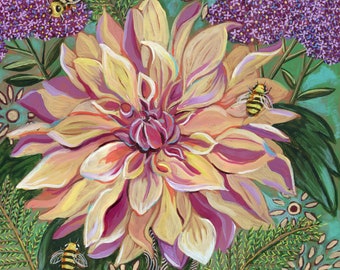 Archival Print on Wood Panel "Dahlia with Verbena"