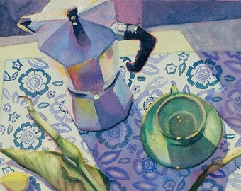Coffee and Calla Lilies 8x10 inch Archival Print of Watercolor Painting on Paper