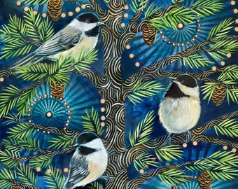 Archival print “Among the Evergreens” chickadees in a pine tree print