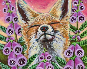 Archival print “Garden Bliss” red fox in a garden print