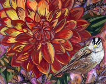 White Crowned Sparrow with Dahlia Archival Print on Wood