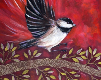 Chickadee on Red #1 Print on Wood