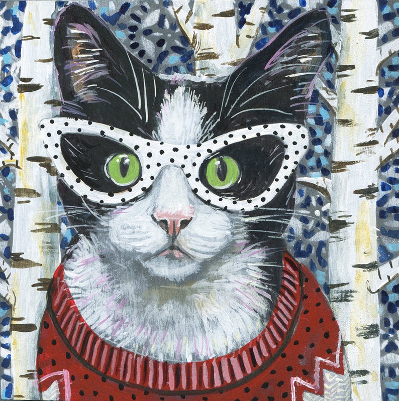 Archival Print on Wood tuxedo Cat Etsy