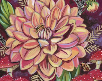 Archival Print on Wood Panel "Dahlia with Mushrooms"