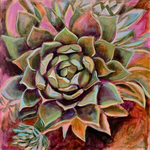 May include: A close-up of a painting of a succulent plant with green, purple, and brown hues. The plant has a rosette shape with many layers of leaves.