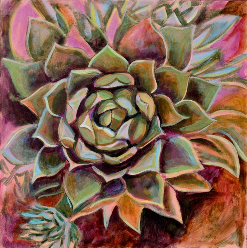 May include: A close-up of a painting of a succulent plant with green, purple, and brown hues. The plant has a rosette shape with many layers of leaves.