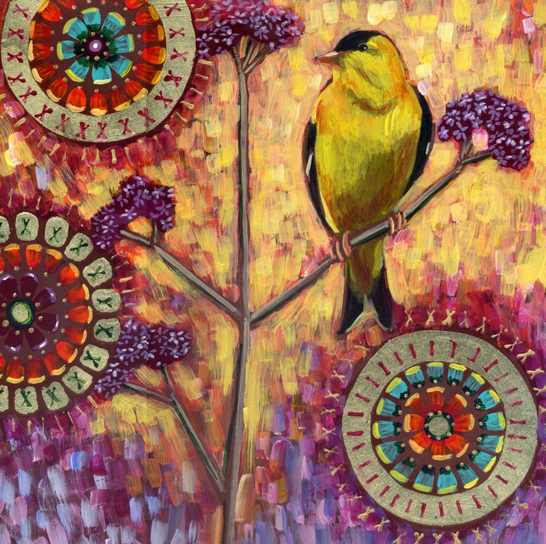 Goldfinch on Verbena 4 Archival Print on Wood image 1
