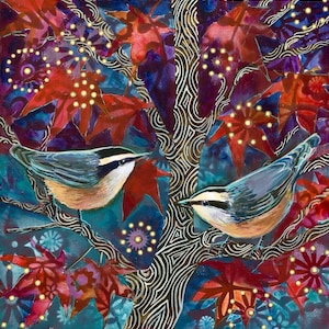 May include: An artistic painting of two small birds perched on a tree branch, surrounded by red leaves and a vibrant, colorful background. The birds have white, black, and tan markings. The artwork has a whimsical, nature-inspired theme.
